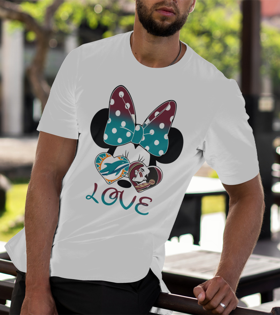 Love Minnie Bow Miami Dolphins Florida State Seminoles Hearts T-Shirt