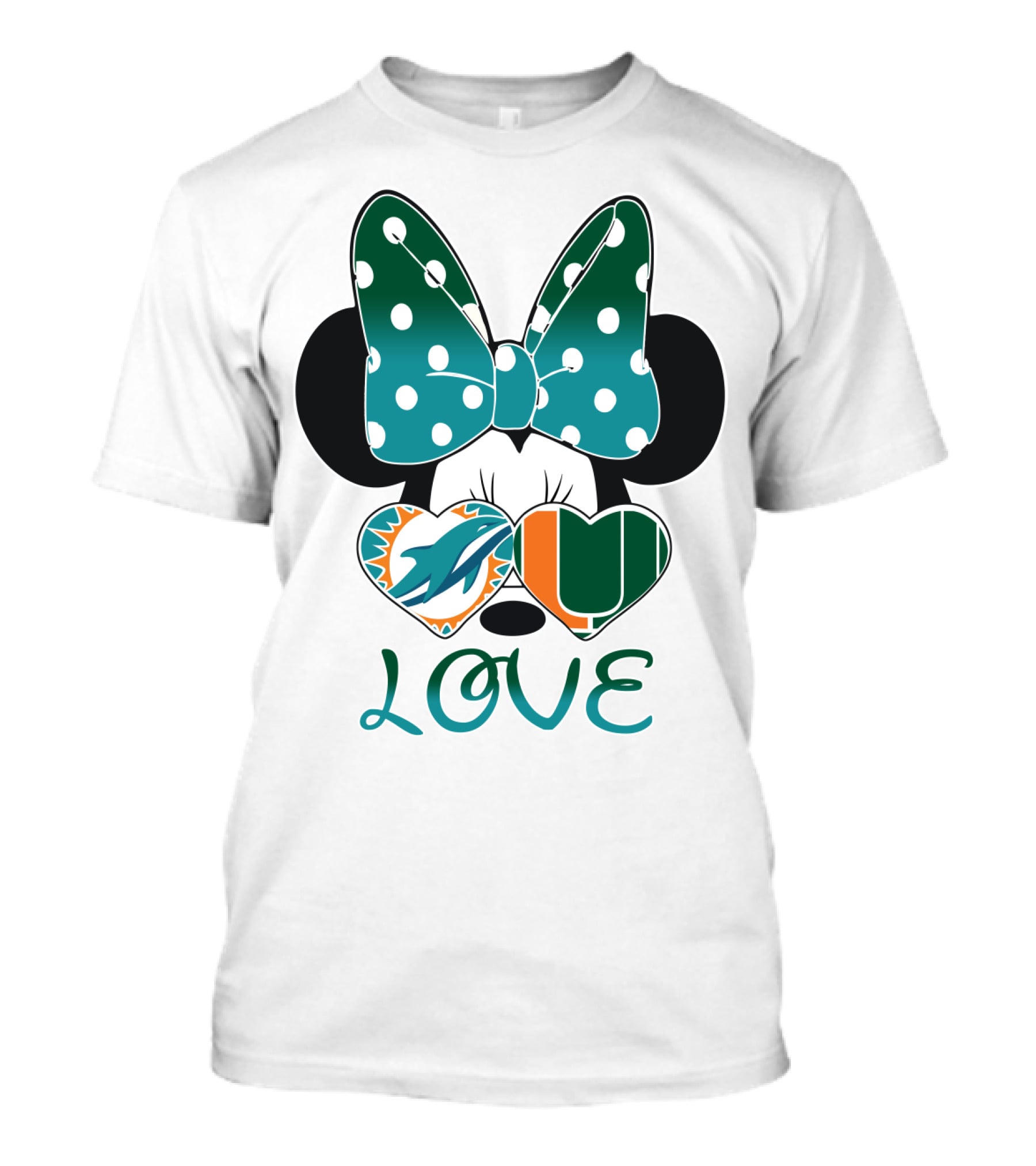 Miami Dolphins Hurricanes Love Minnie Mouse Polka Dot Bow T-Shirt