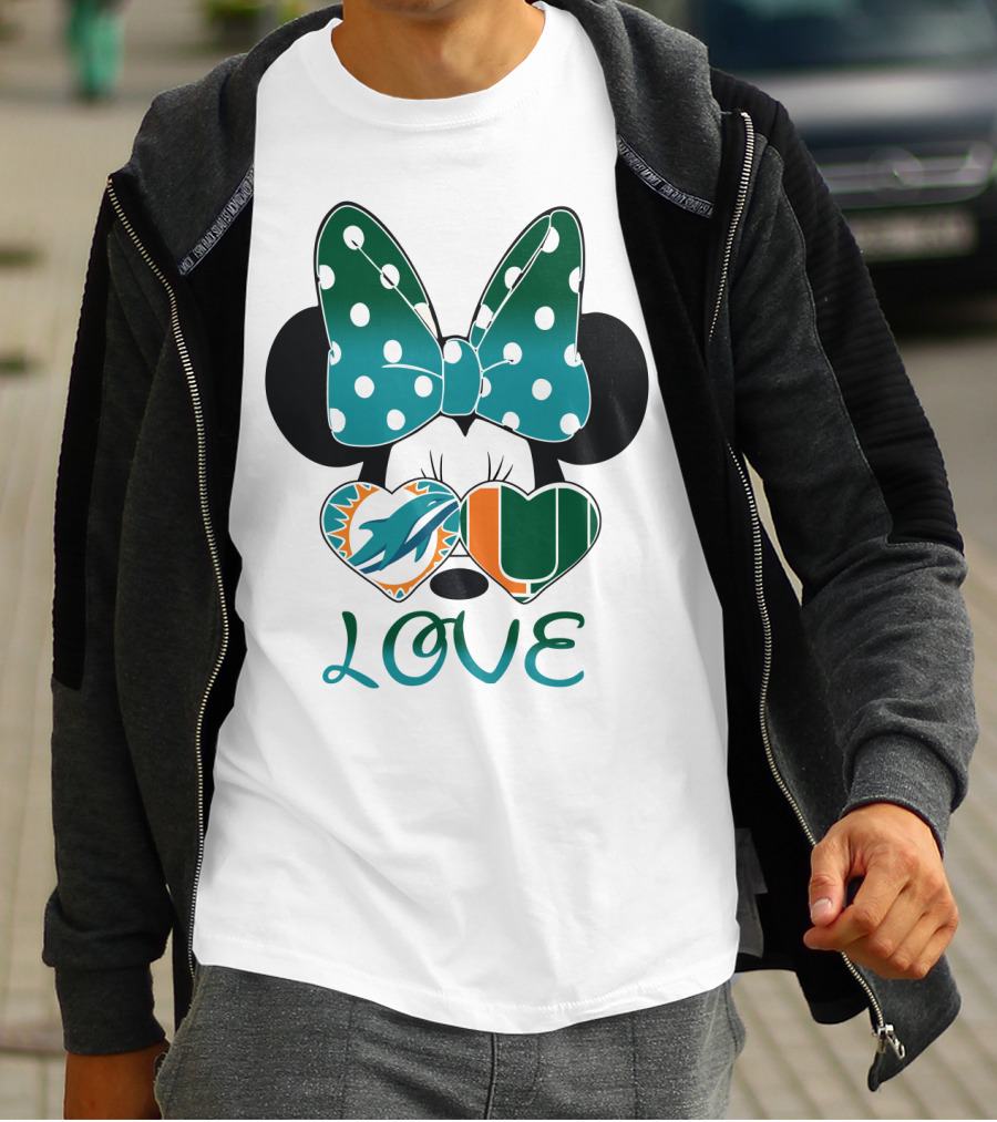 Miami Dolphins Hurricanes Love Minnie Mouse Polka Dot Bow T-Shirt