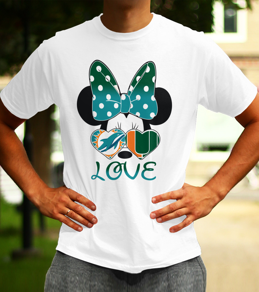 Miami Dolphins Hurricanes Love Minnie Mouse Polka Dot Bow T-Shirt