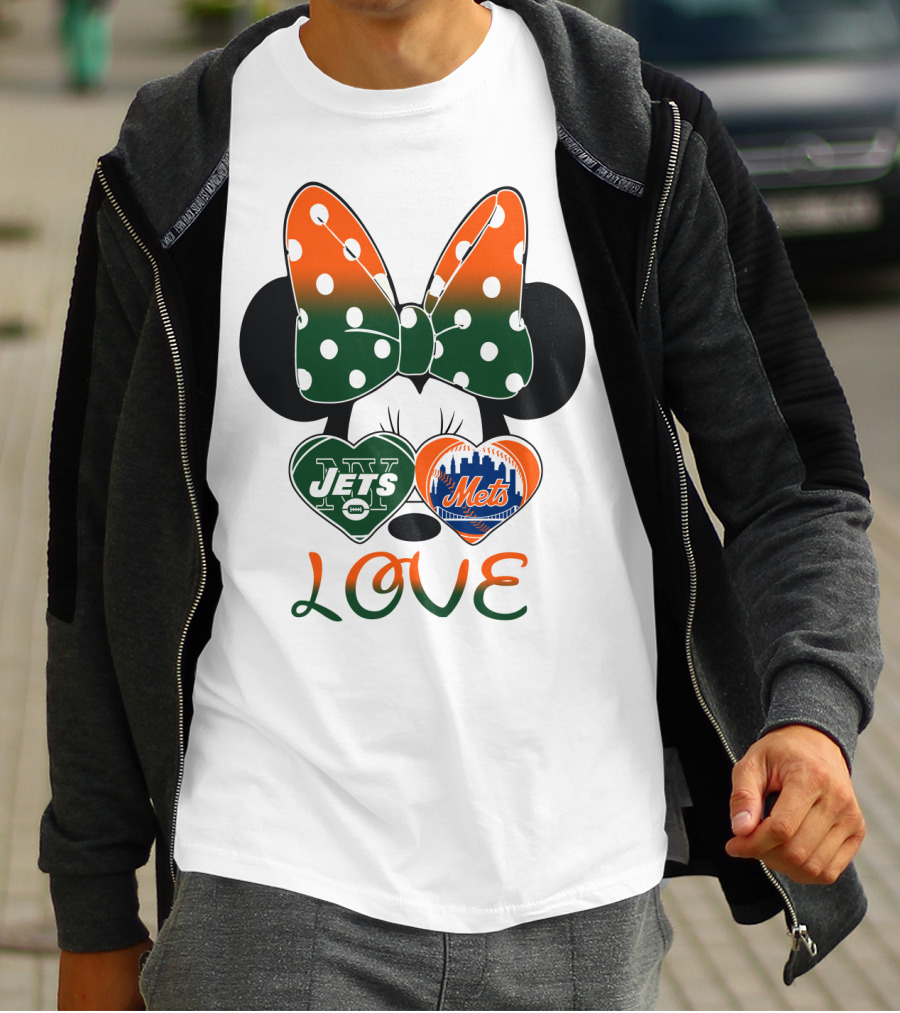 Love Ny Jets Mets Minnie Bow Hearts T-Shirt
