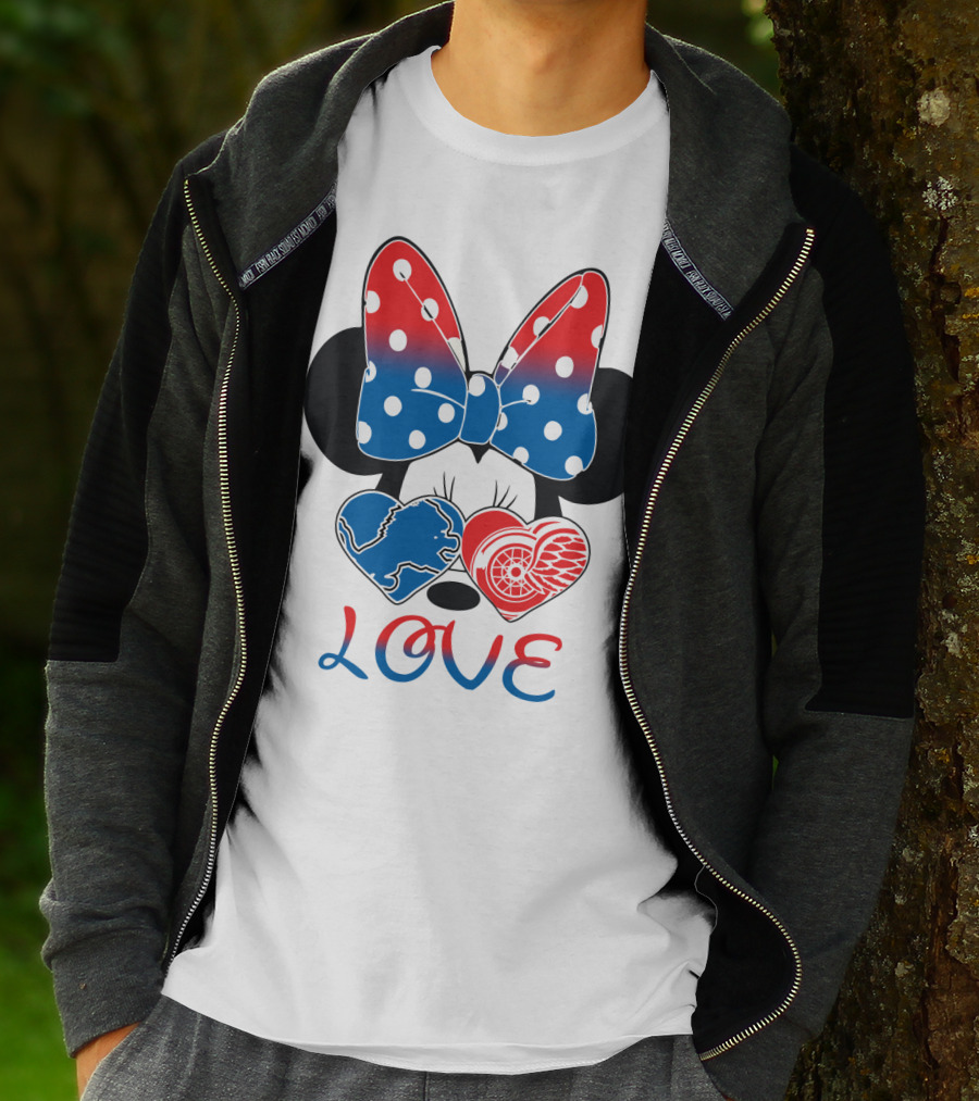 Love Minnie Mouse Detroit Lions Red Wings Bow Hearts T-Shirt