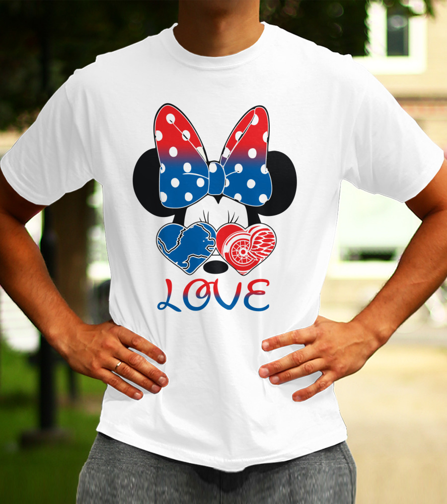 Love Minnie Mouse Detroit Lions Red Wings Bow Hearts T-Shirt