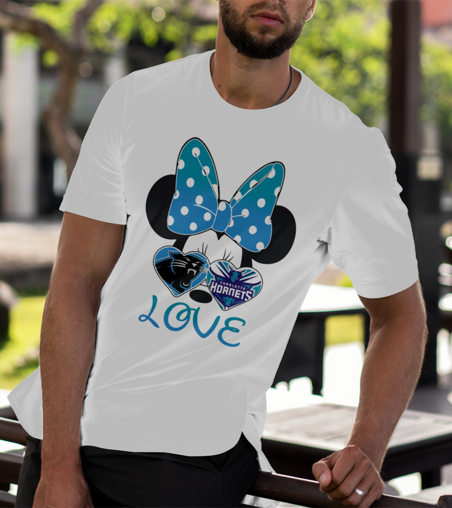 Minnie Mouse Love Carolina Panthers Charlotte Hornets Bow Hearts T-Shirt