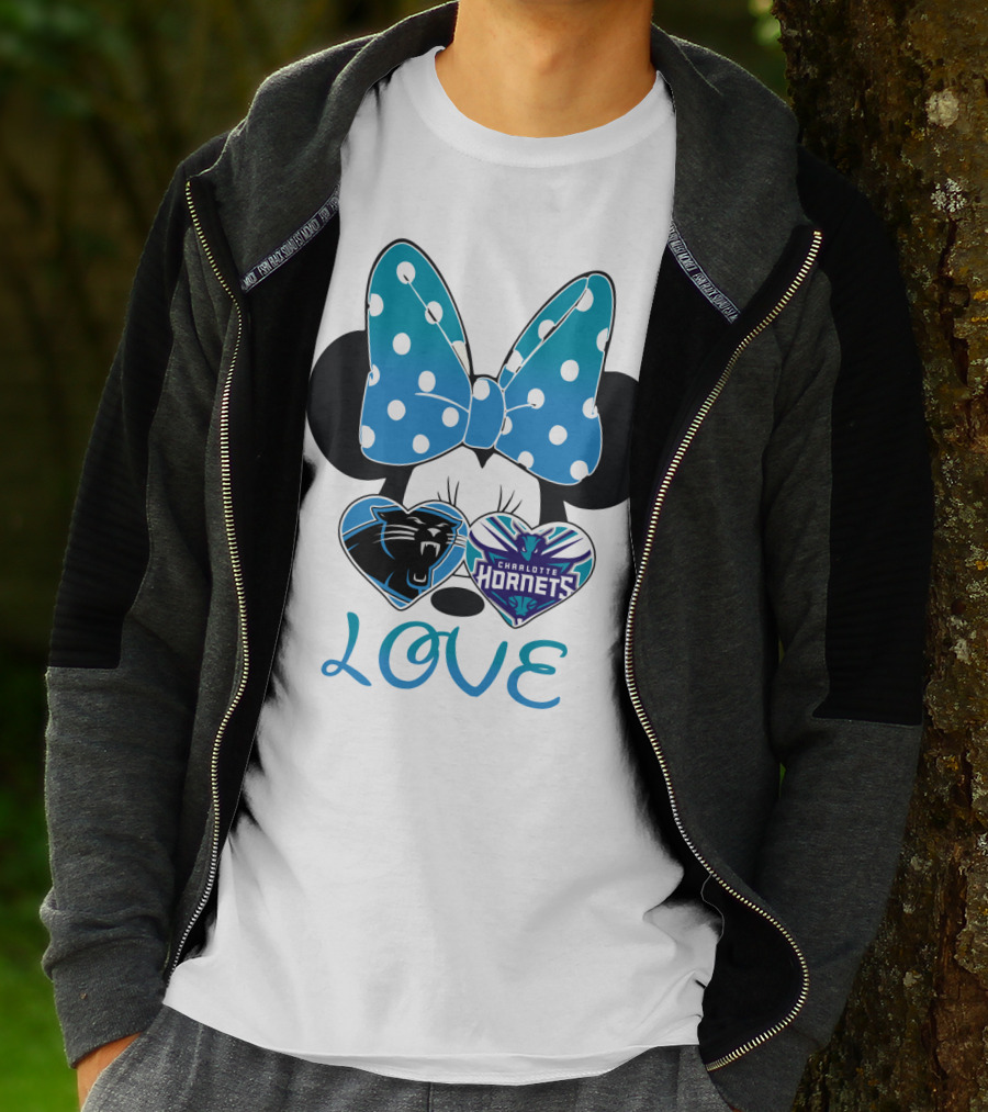 Minnie Mouse Love Carolina Panthers Charlotte Hornets Bow Hearts T-Shirt