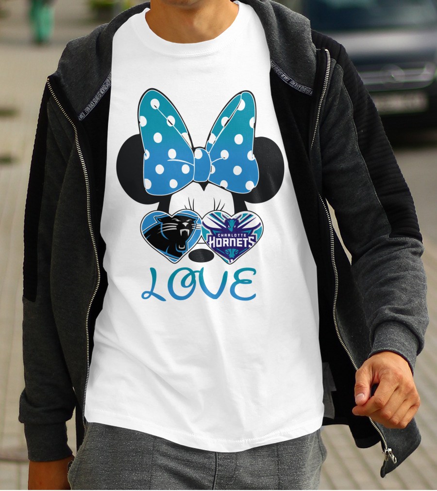 Minnie Mouse Love Carolina Panthers Charlotte Hornets Bow Hearts T-Shirt