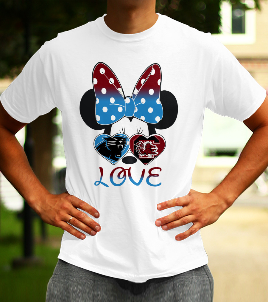 Love Carolina Panthers South Carolina Gamecocks Minnie Bow Hearts T-Shirt