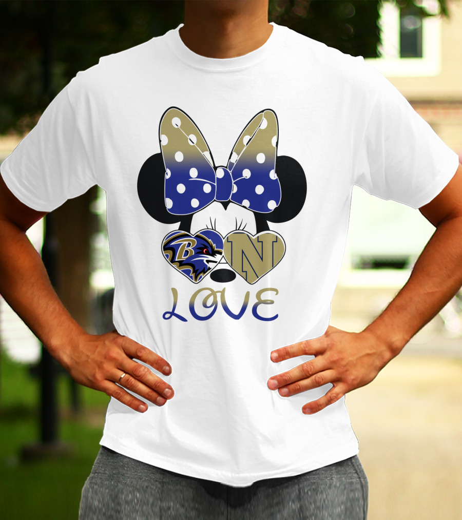 Minnie Mouse Love Baltimore Ravens Navy Logo Hearts Bow T-Shirt