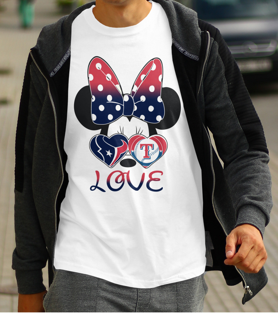 Minnie Bow Love Texans Rangers Hearts T-Shirt