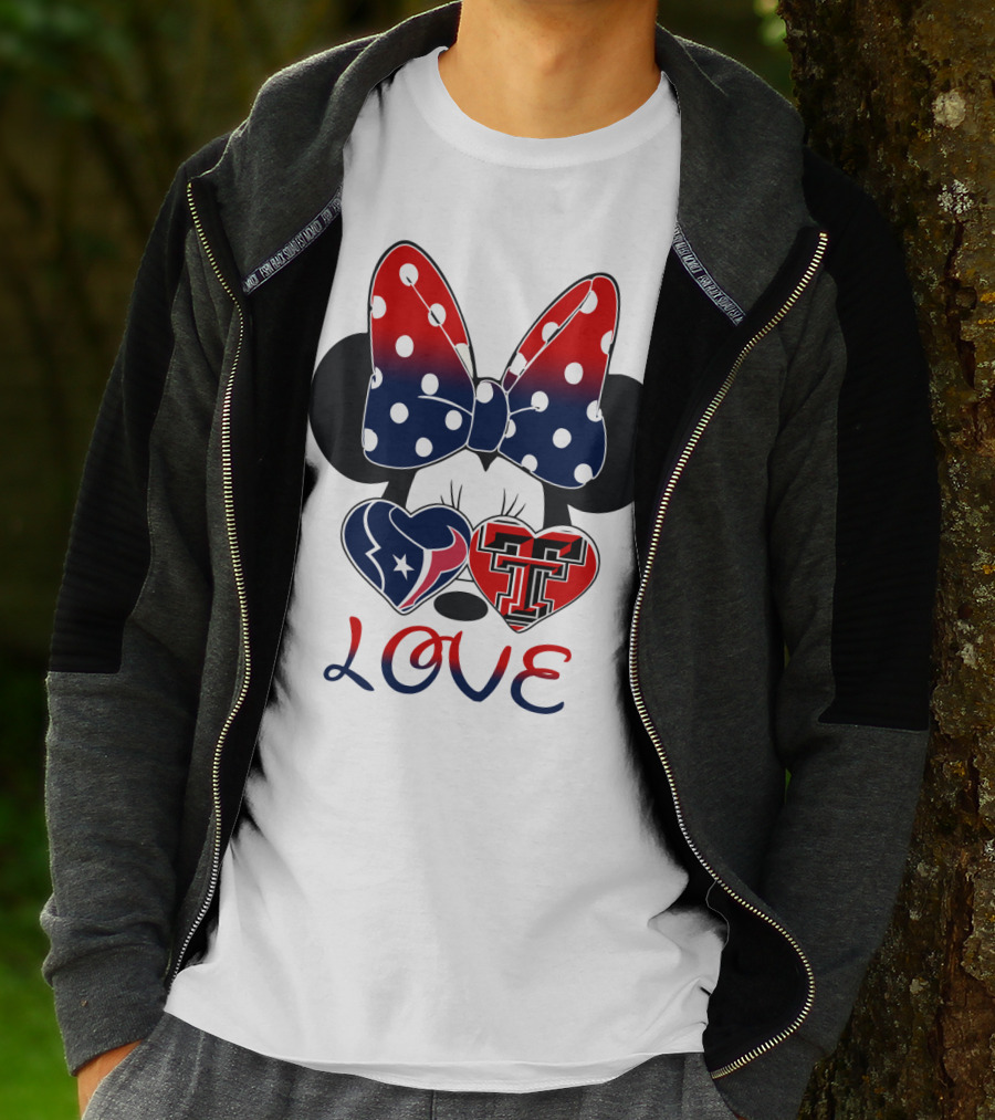 Minnie Mouse Love Texans And Texas Tech Hearts Bow T-Shirt