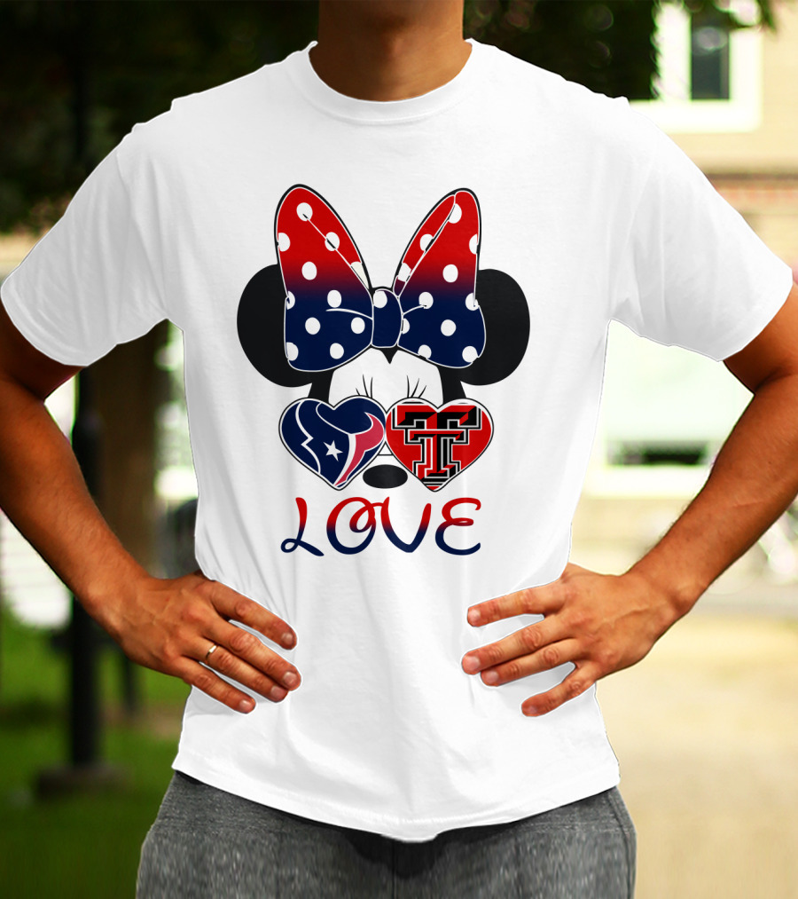Minnie Mouse Love Texans And Texas Tech Hearts Bow T-Shirt