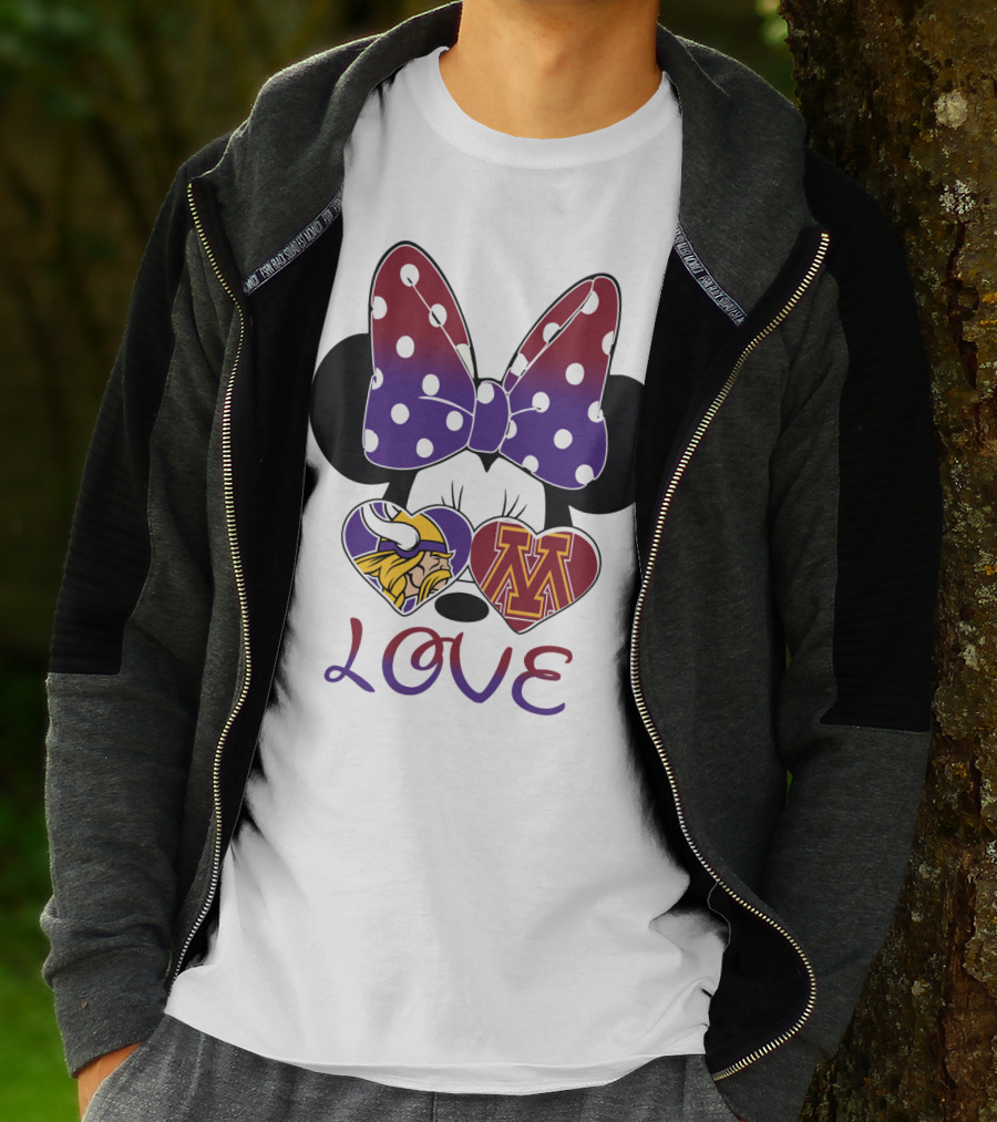 Minnie Mouse Bow Love Vikings Minnesota U Logo Hearts T-Shirt