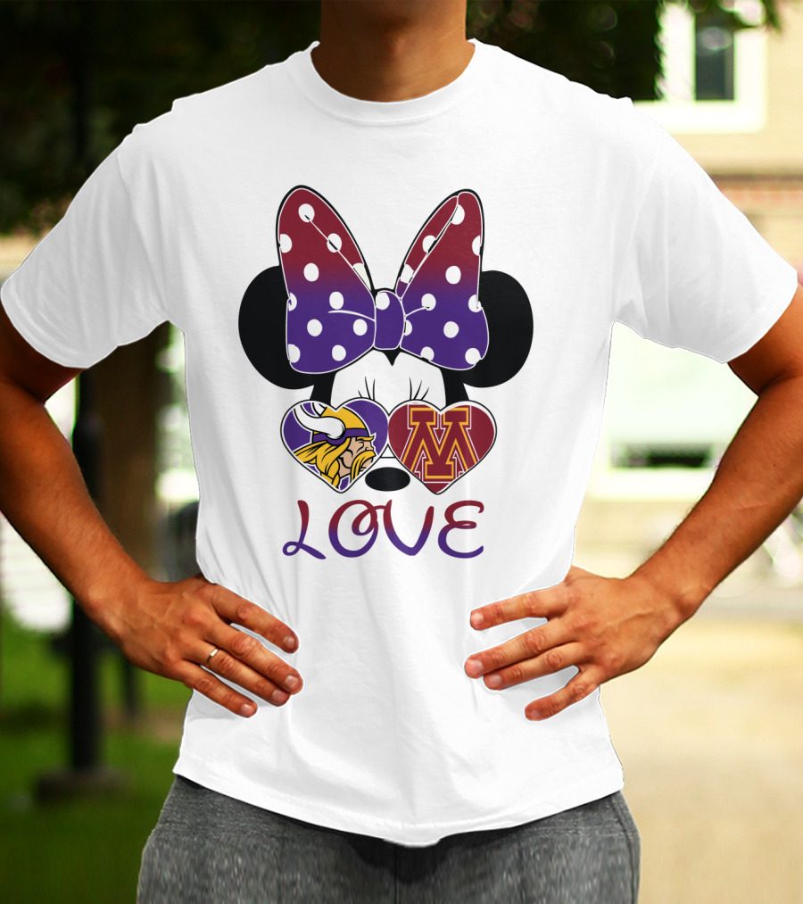 Minnie Mouse Bow Love Vikings Minnesota U Logo Hearts T-Shirt