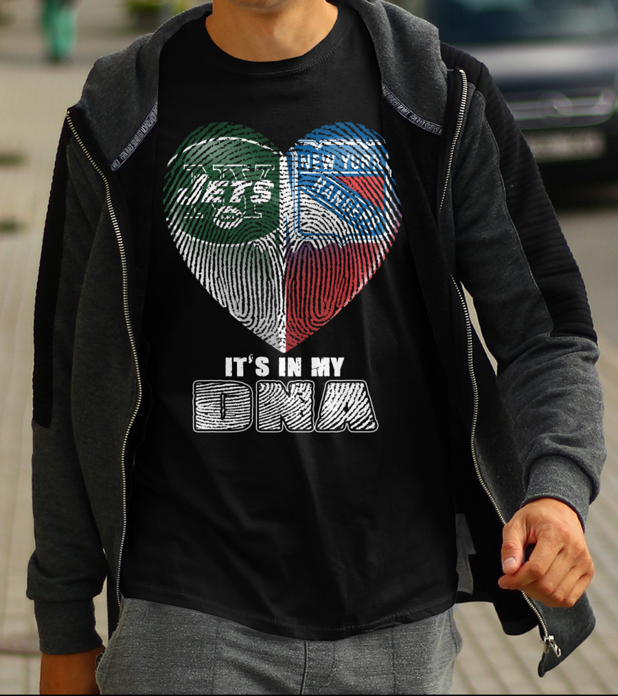 New York Jets And Rangers It's In My Dna Heart Fingerprint T-Shirt