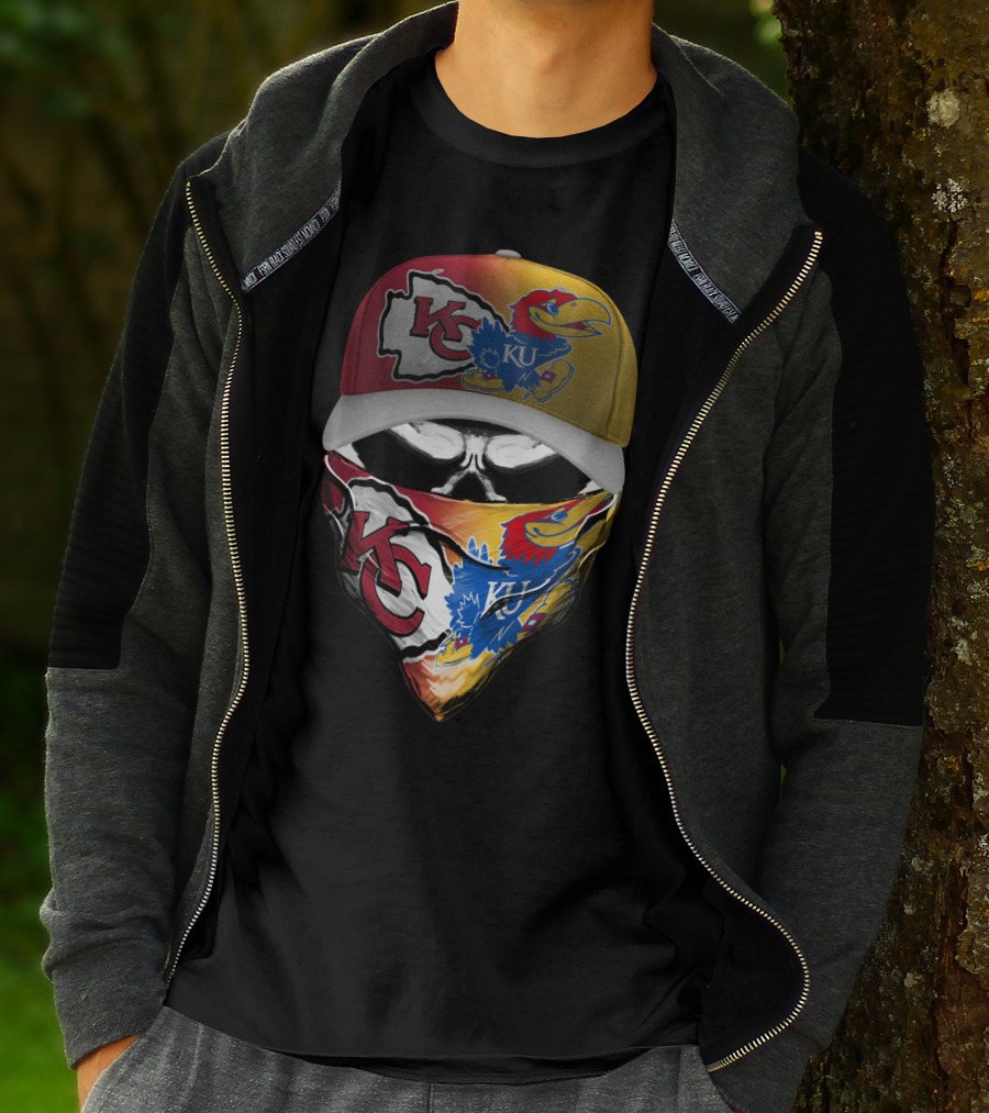 Kansas City Chiefs And Kansas Jayhawks Skull Bandana Hat Fusion T-Shirt
