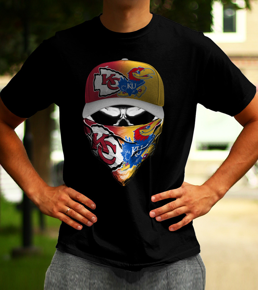 Kansas City Chiefs And Kansas Jayhawks Skull Bandana Hat Fusion T-Shirt