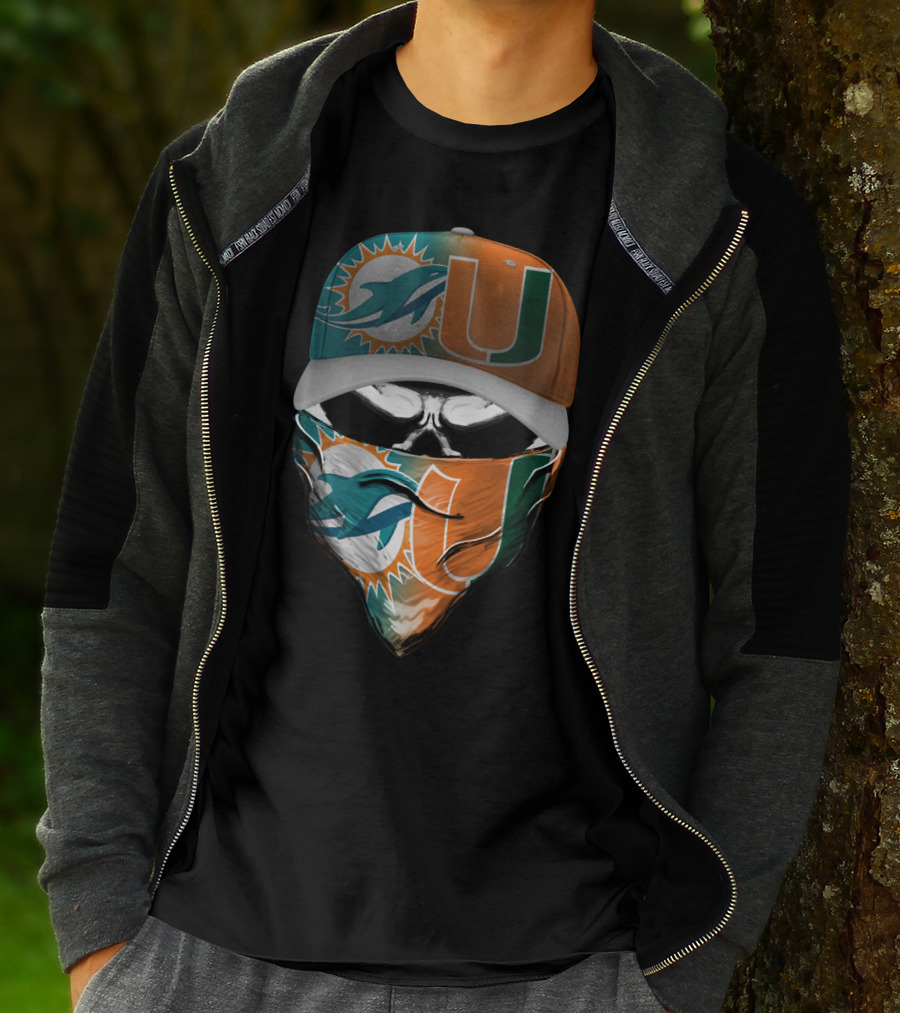 Miami Dolphins And University Of Miami Logo Face Mask And Cap Design Skull Style T-Shirt