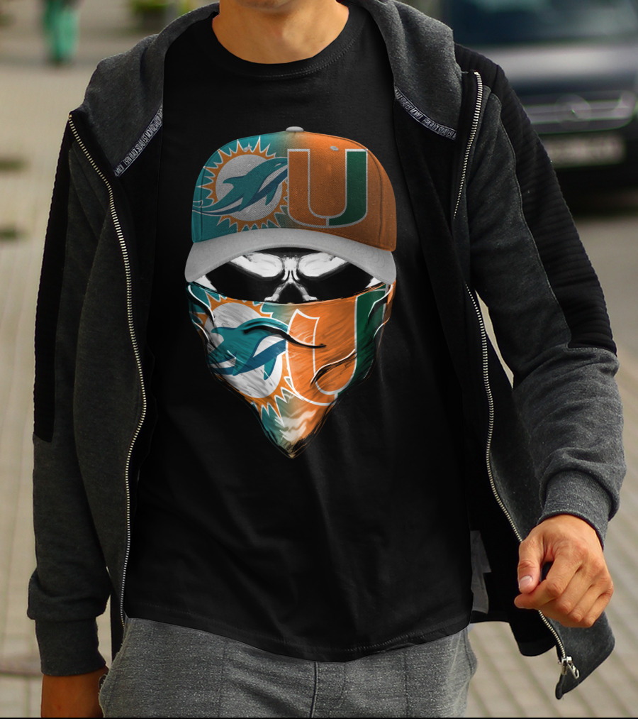 Miami Dolphins And University Of Miami Logo Face Mask And Cap Design Skull Style T-Shirt