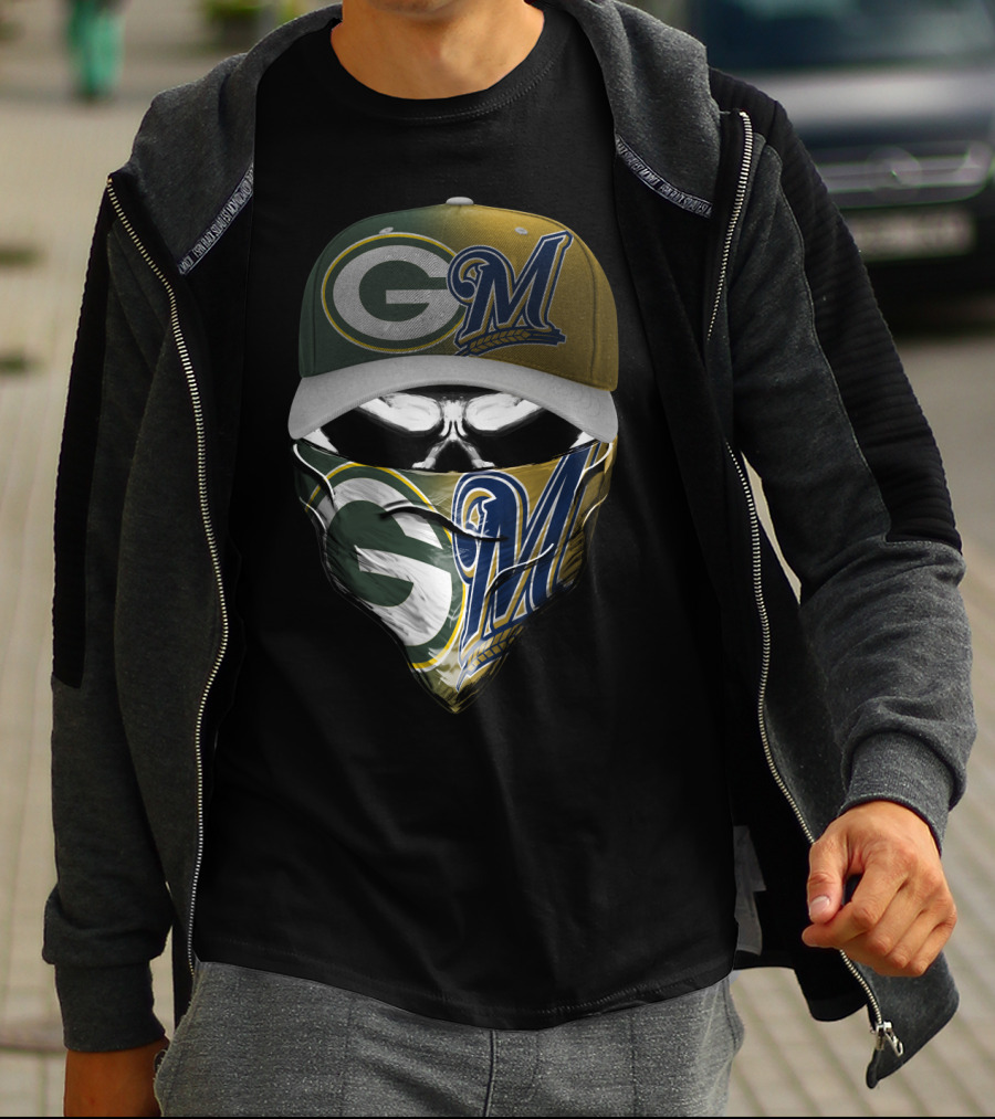 Green Bay Packers Milwaukee Brewers Skull Cap Bandana Blend T-Shirt