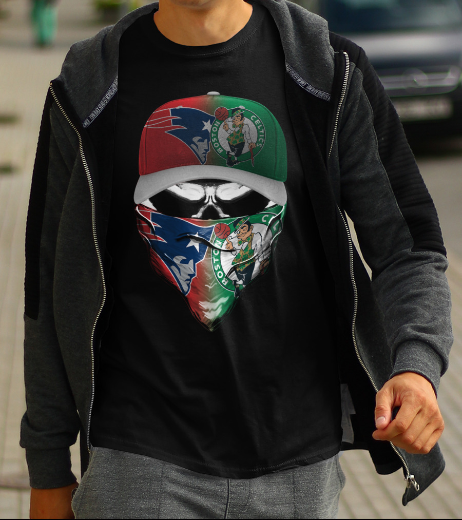 Boston Celtics New England Patriots Skull Mask Hat Combo T-Shirt