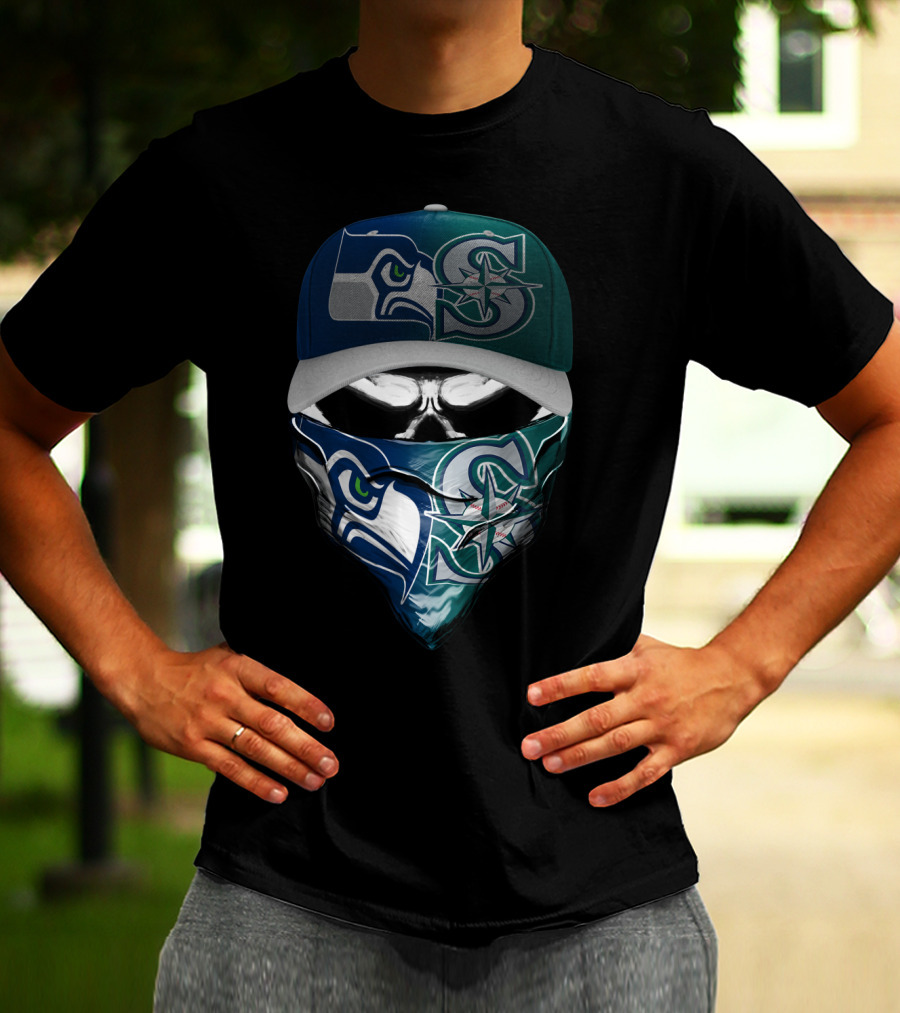 Seattle Seahawks Mariners Skull Mask Hat T-Shirt