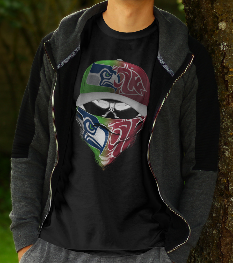 Seattle Seahawks Washington State Cougars Split Mask Hat T-Shirt
