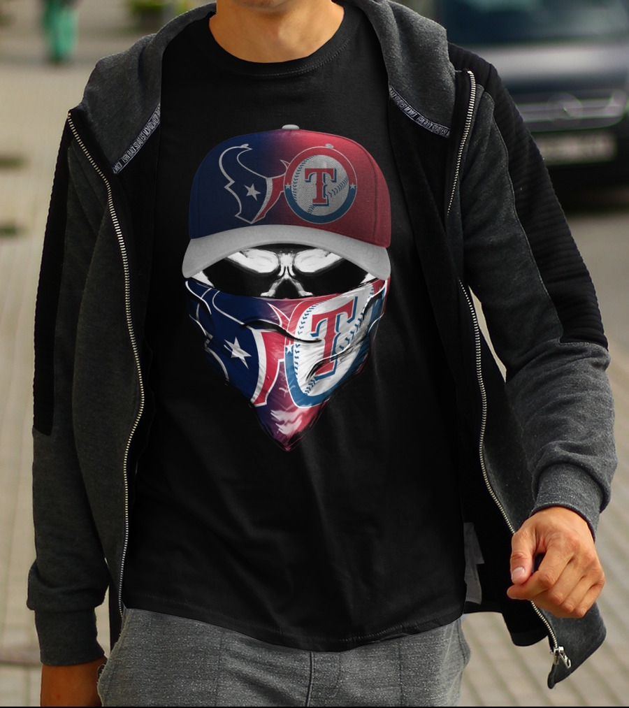 Houston Texans And Texas Rangers Skull Bandana Hat Dual Theme T-Shirt