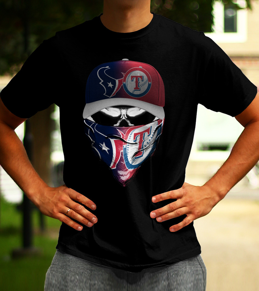 Houston Texans And Texas Rangers Skull Bandana Hat Dual Theme T-Shirt