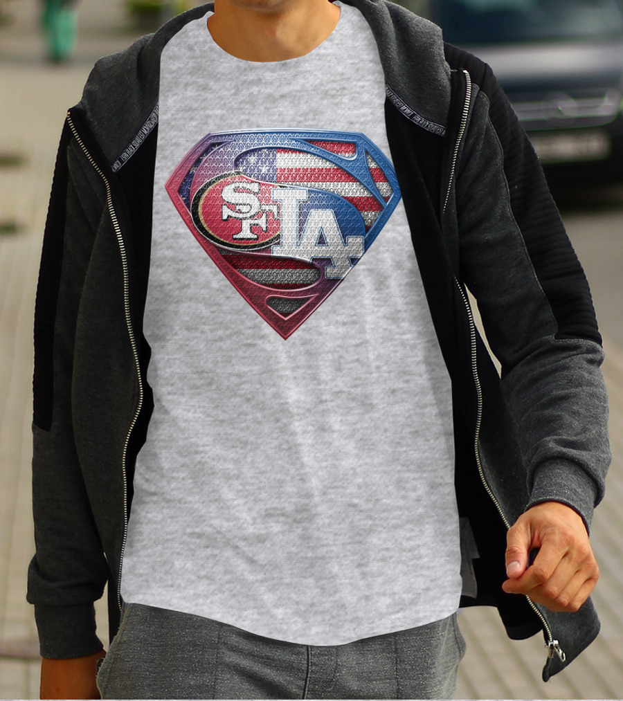 Sf La Superman Shield American Flag Hintergrund T-Shirt