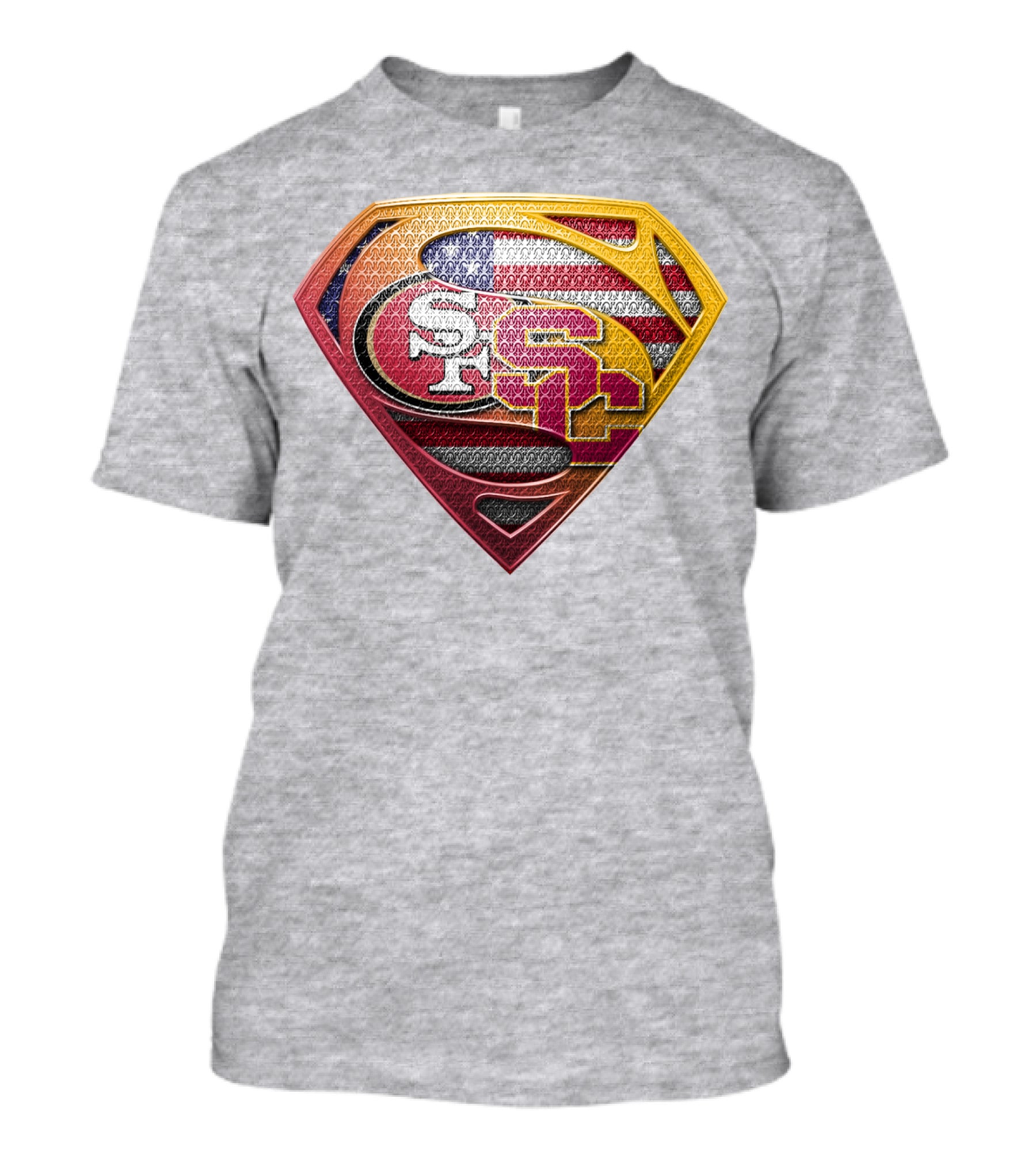 Superman Shield With San Francisco And Usc Logos Merged Over American Flag T-Shirt