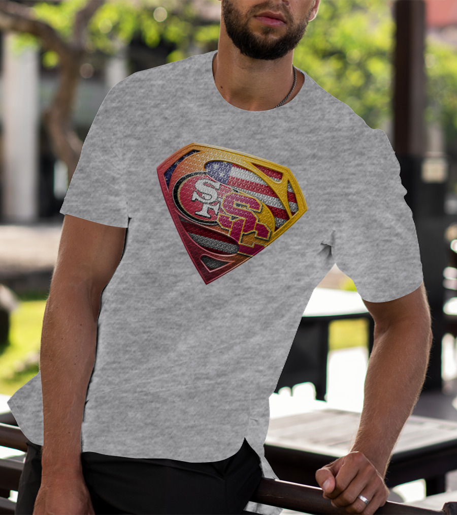 Superman Shield With San Francisco And Usc Logos Merged Over American Flag T-Shirt