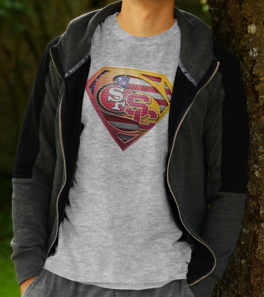 Superman Shield With San Francisco And Usc Logos Merged Over American Flag T-Shirt
