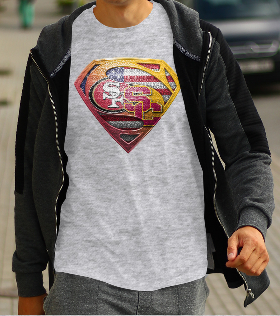 Superman Shield With San Francisco And Usc Logos Merged Over American Flag T-Shirt