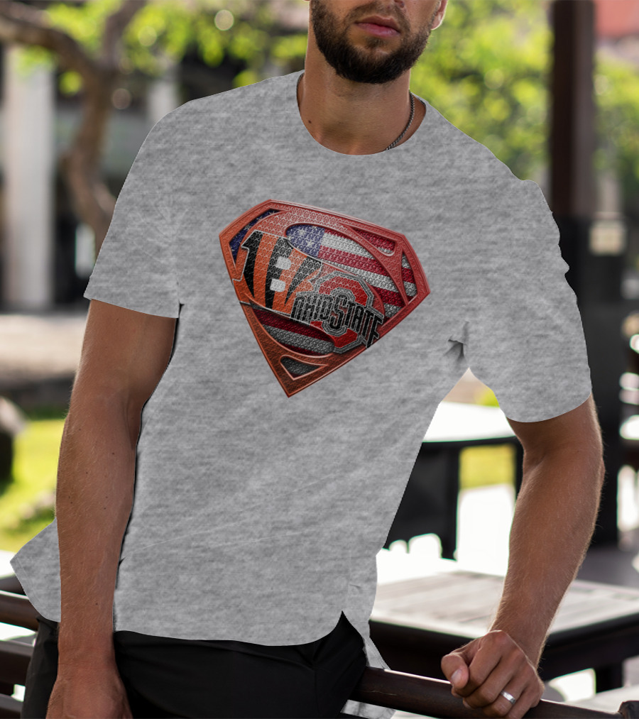 Superman Shield With Cincinnati Bengals Tiger Stripes Ohio State Logo And American Flag T-Shirt
