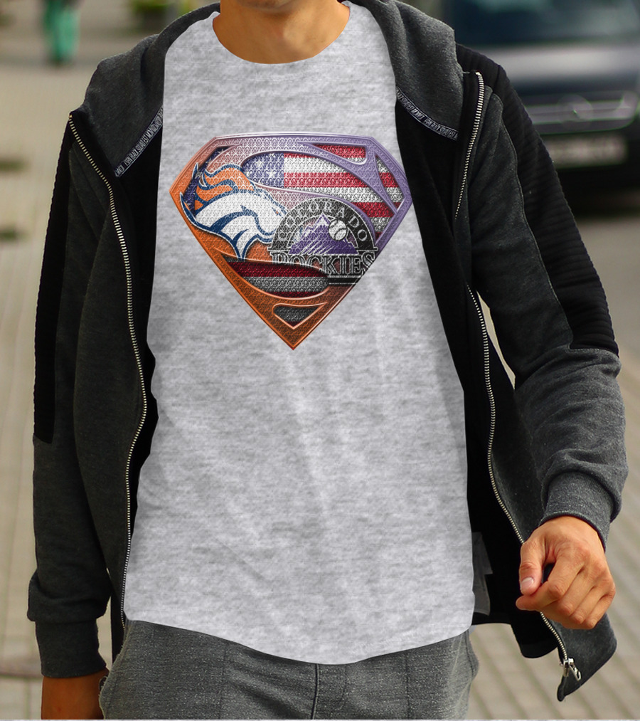 Denver Broncos Colorado Rockies American Flag Superman Logo Fusion T-Shirt