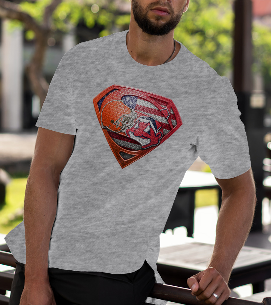 Superman Shield Cleveland Browns Helmet Chief Wahoo American Flag T-Shirt