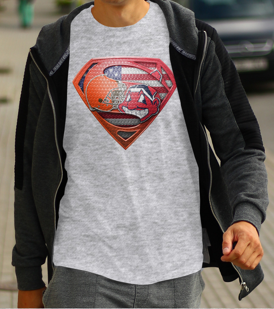 Superman Shield Cleveland Browns Helmet Chief Wahoo American Flag T-Shirt