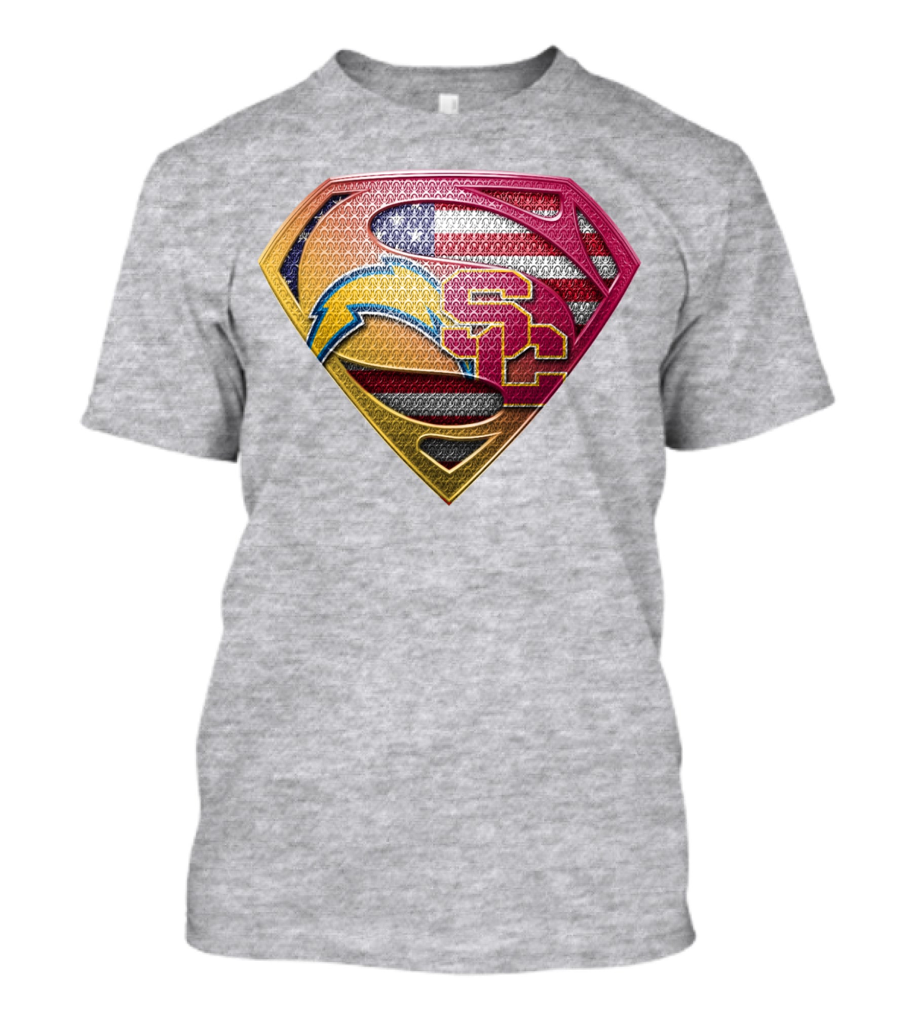 Superman Chargers Trojans American Flag Emblem On Gray T-Shirt