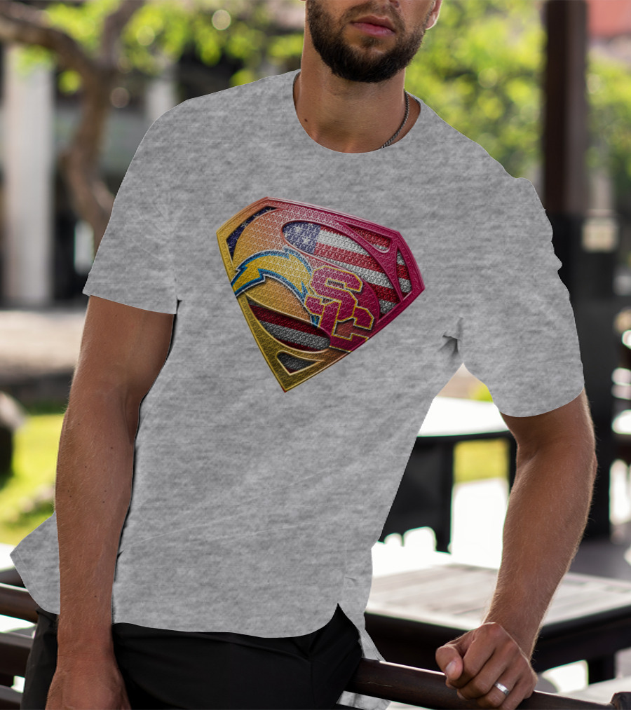 Superman Chargers Trojans American Flag Emblem On Gray T-Shirt