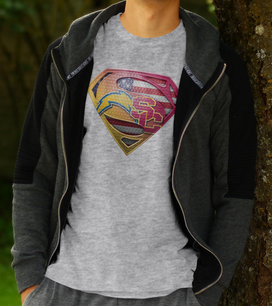 Superman Chargers Trojans American Flag Emblem On Gray T-Shirt