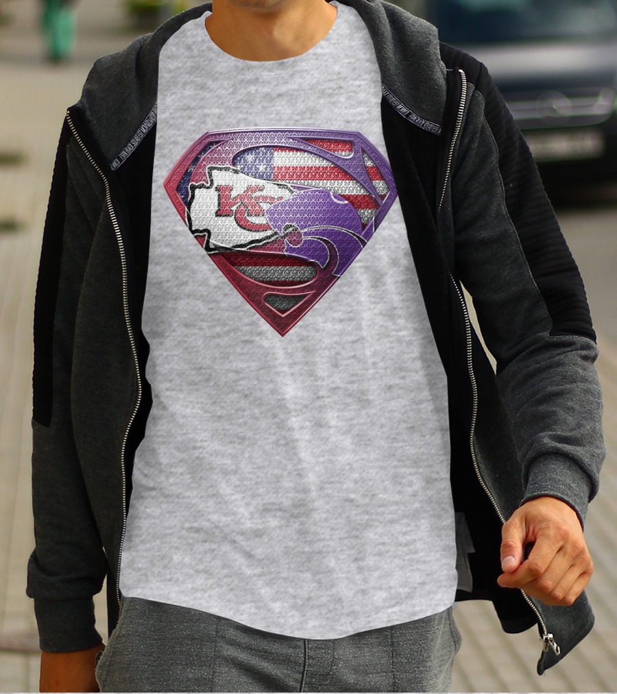 Kansas City Chiefs Superman Logo With American Flag And Kansas Map T-Shirt