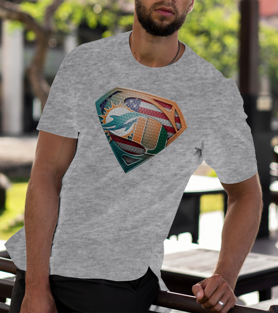 Miami Dolphins University Of Miami Superman Logo With American Flag T-Shirt