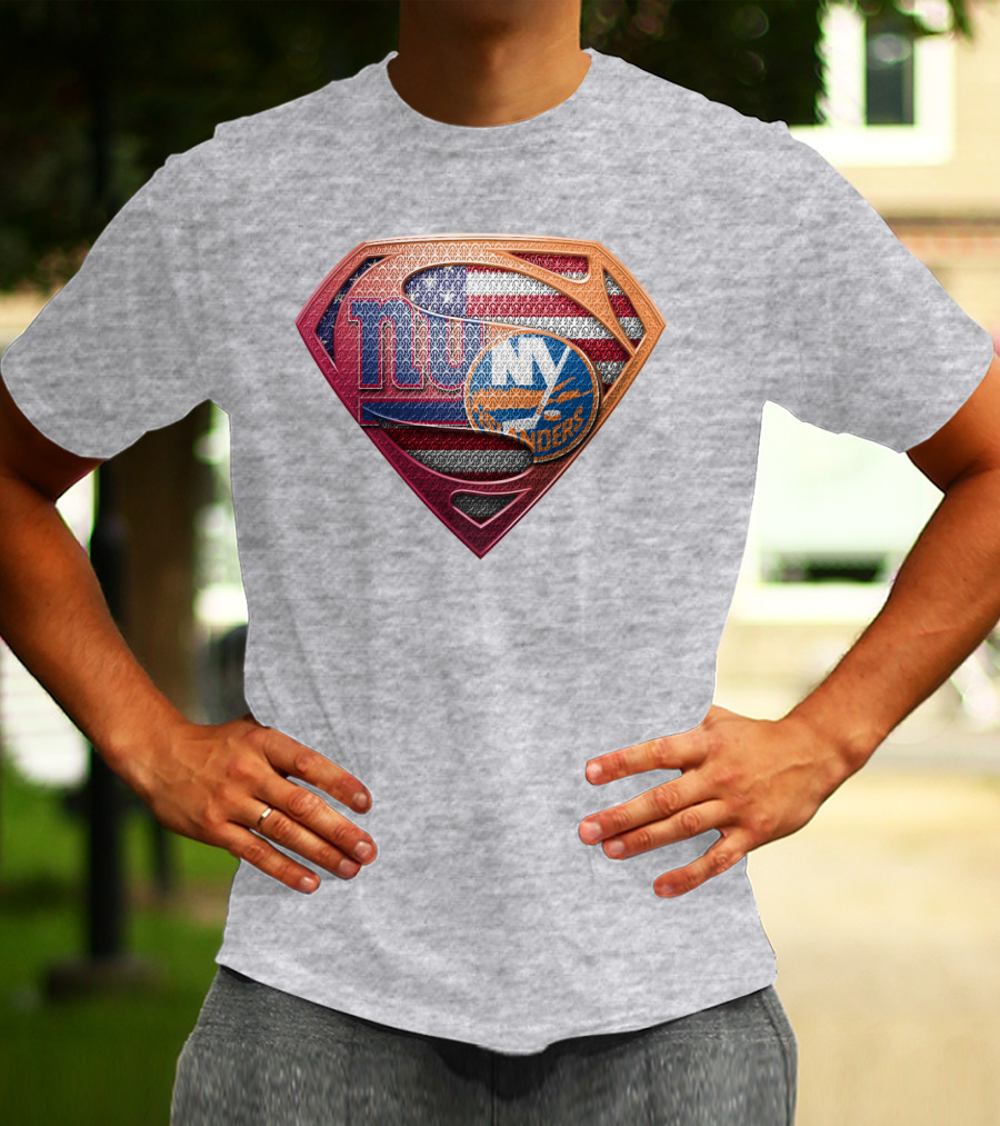 New York Giants Islanders Superman Shield American Flag T-Shirt