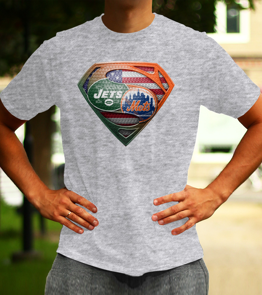 New York Jets Mets Logo With American Flag And Superman Shield T-Shirt
