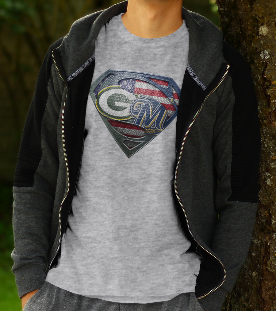 Green Bay Packers Milwaukee Brewers American Flag Superman T-Shirt