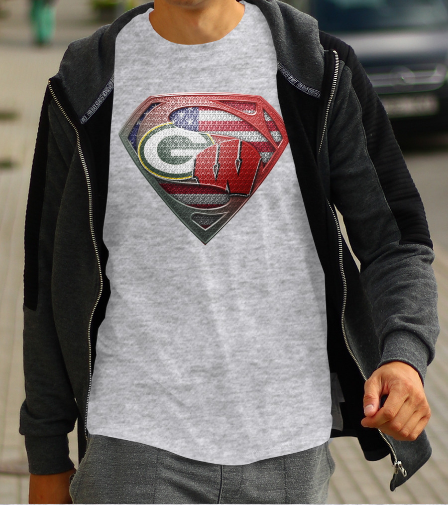 Green Bay Packers Wisconsin Badgers American Flag Superman Shield T-Shirt
