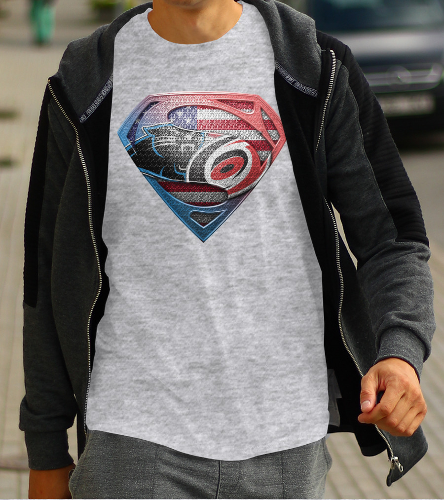 Superman Shield Carolina Panthers American Flag Carolina Hurricanes T-Shirt