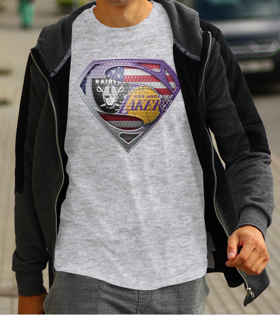 Los Angeles Lakers Raiders American Flag Superman Shield T-Shirt