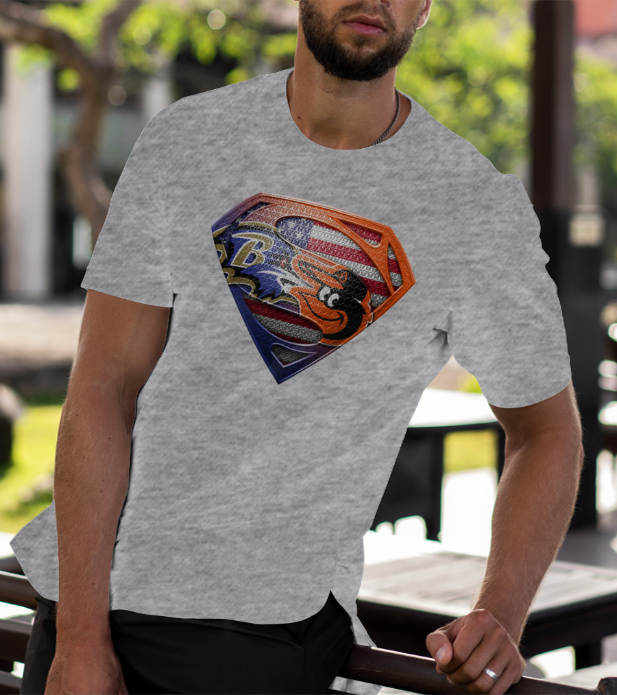 Baltimore Ravens Orioles American Flag Superman Shield T-Shirt