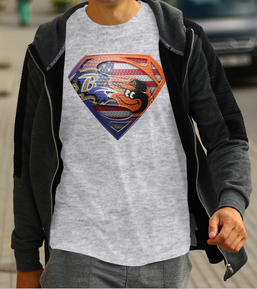 Baltimore Ravens Orioles American Flag Superman Shield T-Shirt